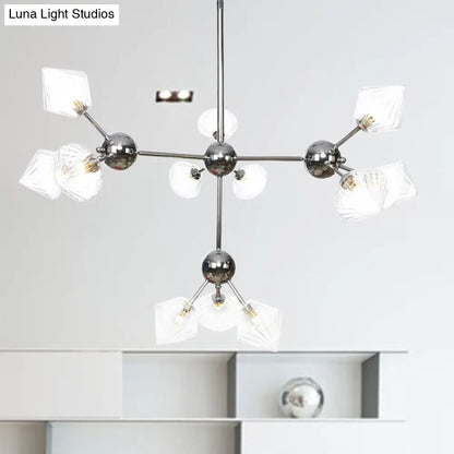 Industrial Stylish Glass Diamond Pendant Light Chandelier - 3/9/12 Bulbs, Amber/Clear Glass, 13"/27.5"/34" Width