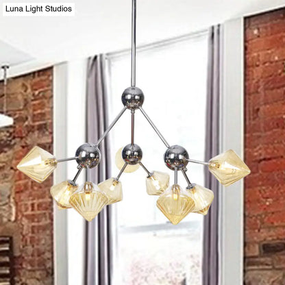 Industrial Stylish Glass Diamond Pendant Light Chandelier - 3/9/12 Bulbs, Amber/Clear Glass, 13"/27.5"/34" Width