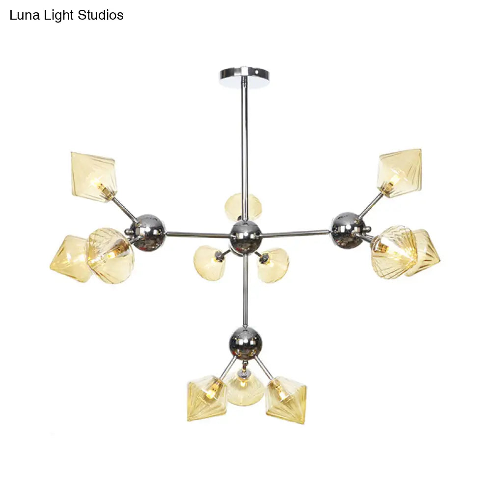Industrial Stylish Glass Diamond Pendant Light Chandelier - 3/9/12 Bulbs, Amber/Clear Glass, 13"/27.5"/34" Width