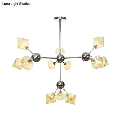 Industrial Stylish Glass Diamond Pendant Light Chandelier - 3/9/12 Bulbs, Amber/Clear Glass, 13"/27.5"/34" Width