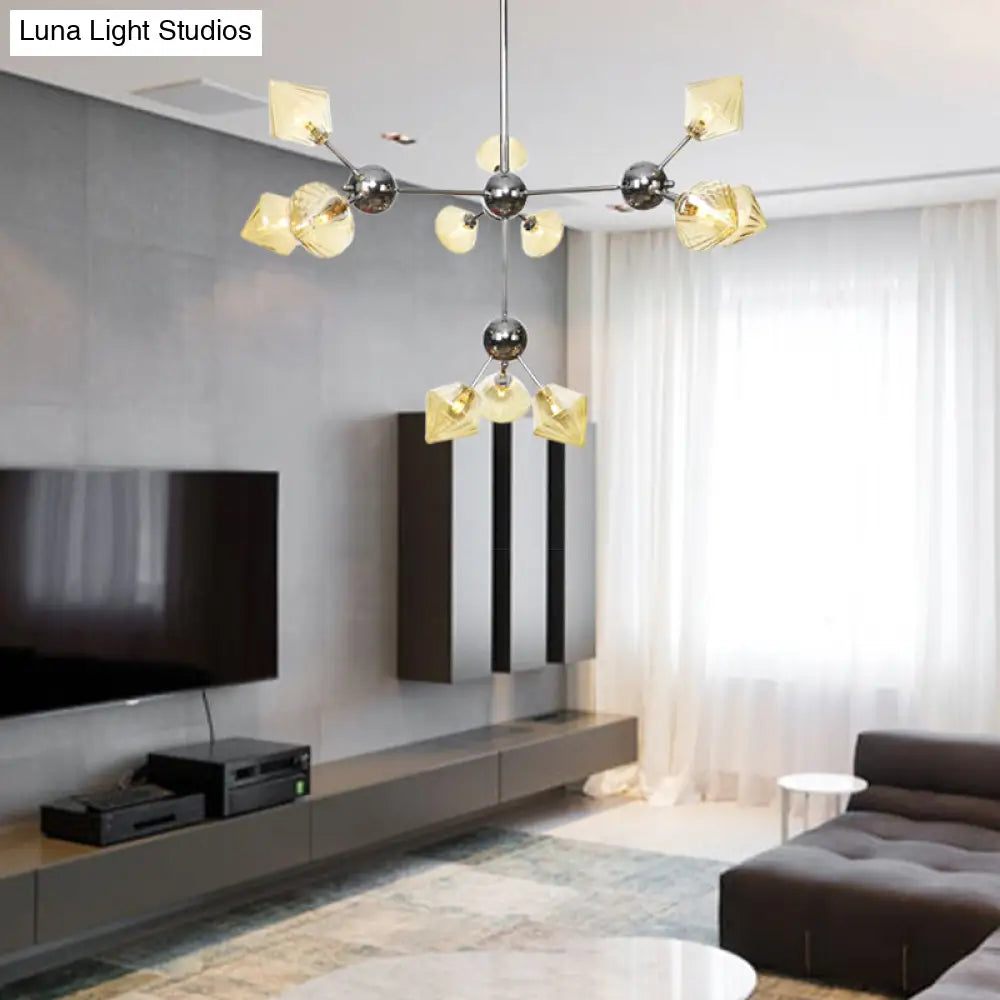 Industrial Stylish Glass Diamond Pendant Light Chandelier - 3/9/12 Bulbs, Amber/Clear Glass, 13"/27.5"/34" Width
