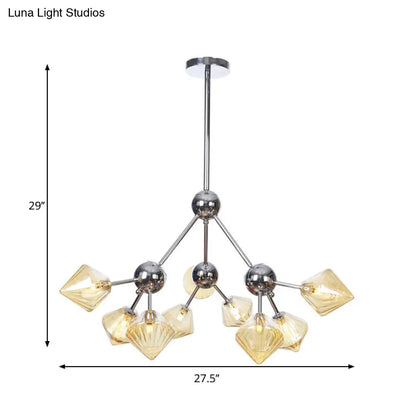 Industrial Stylish Glass Diamond Pendant Light Chandelier - 3/9/12 Bulbs, Amber/Clear Glass, 13"/27.5"/34" Width