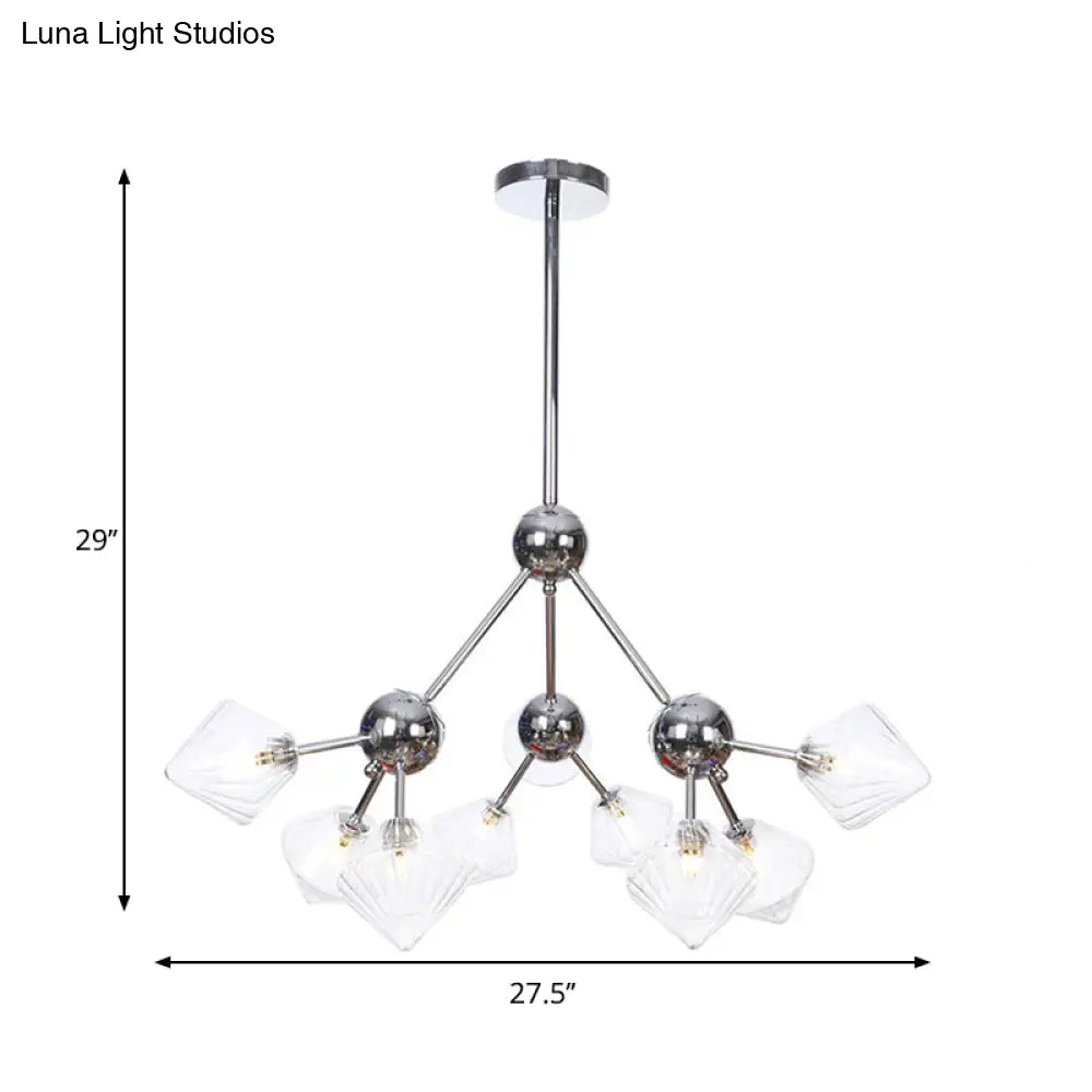 Industrial Stylish Glass Diamond Pendant Light Chandelier - 3/9/12 Bulbs, Amber/Clear Glass, 13"/27.5"/34" Width