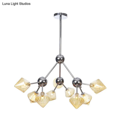 Industrial Stylish Glass Diamond Pendant Light Chandelier - 3/9/12 Bulbs, Amber/Clear Glass, 13"/27.5"/34" Width