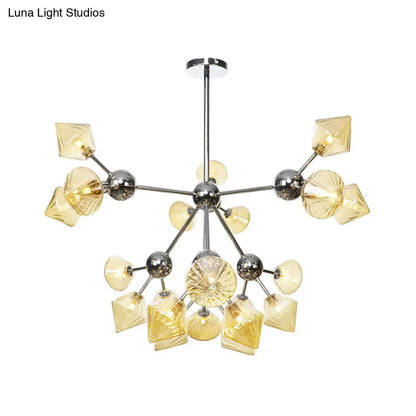 Industrial Stylish Glass Diamond Pendant Light Chandelier - 3/9/12 Bulbs, Amber/Clear Glass, 13"/27.5"/34" Width