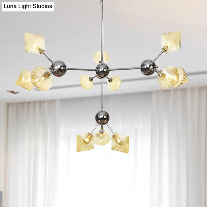 Industrial Stylish Glass Diamond Pendant Light Chandelier - 3/9/12 Bulbs, Amber/Clear Glass, 13"/27.5"/34" Width