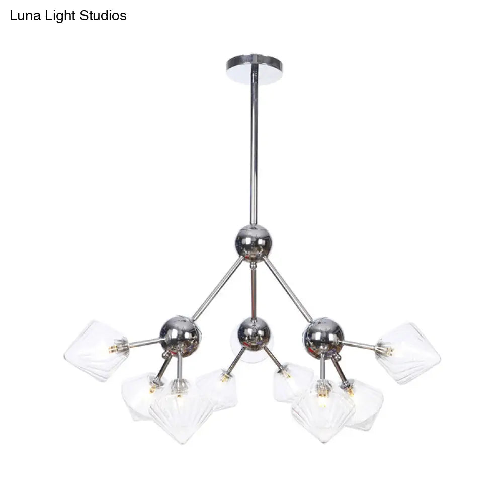 Industrial Stylish Glass Diamond Pendant Light Chandelier - 3/9/12 Bulbs, Amber/Clear Glass, 13"/27.5"/34" Width