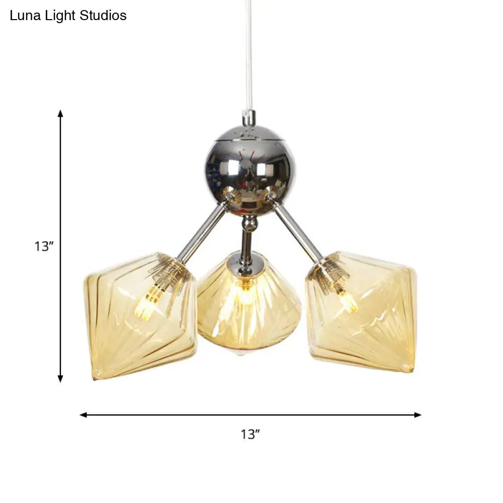 Industrial Stylish Glass Diamond Pendant Light Chandelier - 3/9/12 Bulbs, Amber/Clear Glass, 13"/27.5"/34" Width