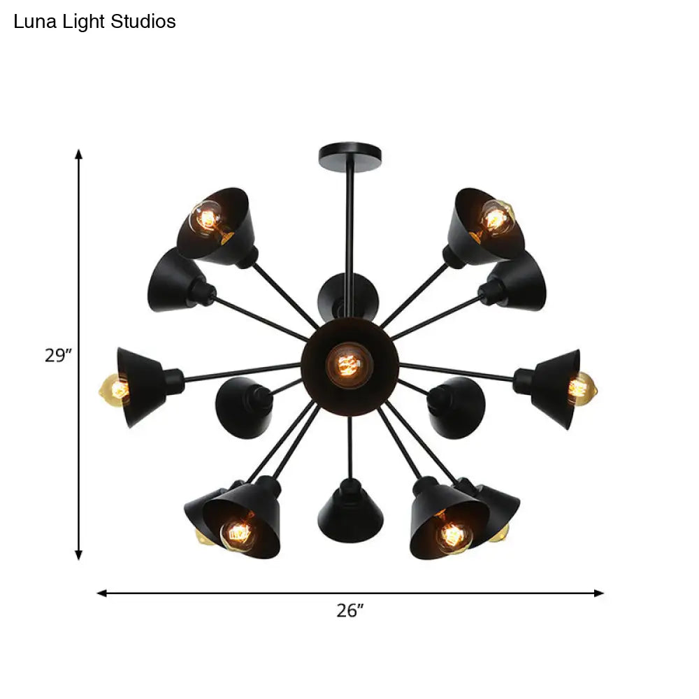 Industrial Stylish Metal Hanging Lamp with Sputnik Design - Cone Shade, 9/12/15 Lights - Black Chandelier Pendant Light