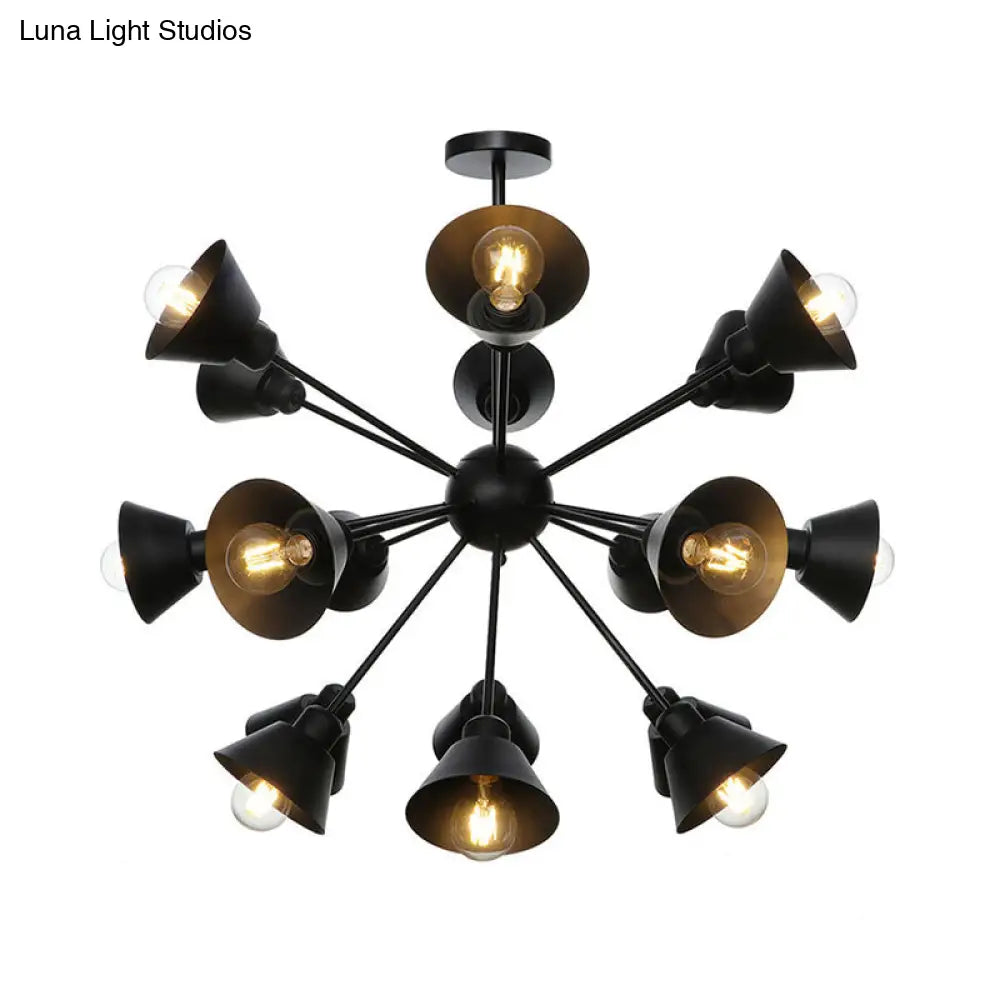Industrial Stylish Metal Hanging Lamp with Sputnik Design - Cone Shade, 9/12/15 Lights - Black Chandelier Pendant Light