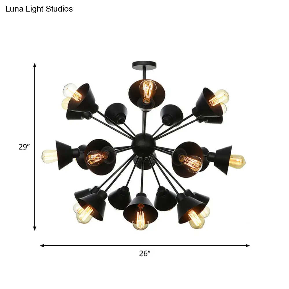 Industrial Stylish Metal Hanging Lamp with Sputnik Design - Cone Shade, 9/12/15 Lights - Black Chandelier Pendant Light