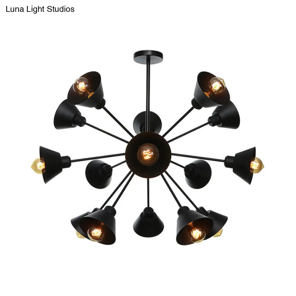 Industrial Stylish Metal Hanging Lamp with Sputnik Design - Cone Shade, 9/12/15 Lights - Black Chandelier Pendant Light