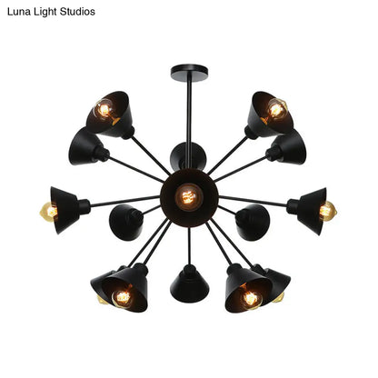 Industrial Stylish Metal Hanging Lamp with Sputnik Design - Cone Shade, 9/12/15 Lights - Black Chandelier Pendant Light