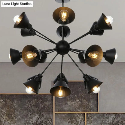 Industrial Stylish Metal Hanging Lamp with Sputnik Design - Cone Shade, 9/12/15 Lights - Black Chandelier Pendant Light