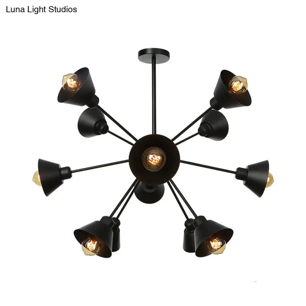 Industrial Stylish Metal Hanging Lamp with Sputnik Design - Cone Shade, 9/12/15 Lights - Black Chandelier Pendant Light