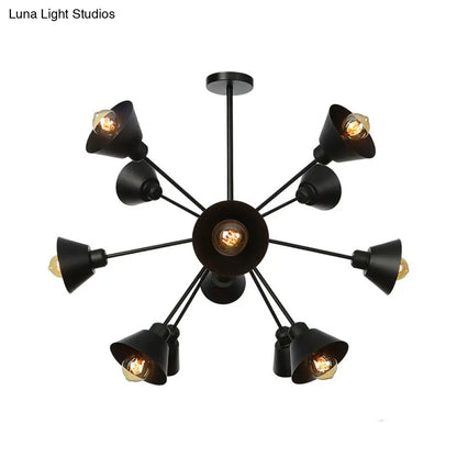 Industrial Stylish Metal Hanging Lamp with Sputnik Design - Cone Shade, 9/12/15 Lights - Black Chandelier Pendant Light
