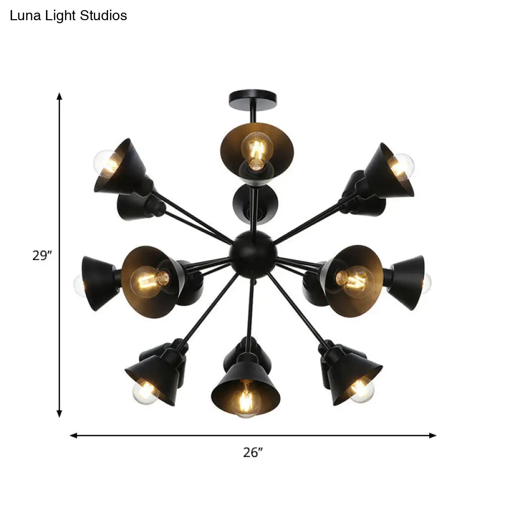 Industrial Stylish Metal Hanging Lamp with Sputnik Design - Cone Shade, 9/12/15 Lights - Black Chandelier Pendant Light
