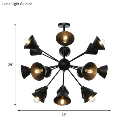 Industrial Stylish Metal Hanging Lamp with Sputnik Design - Cone Shade, 9/12/15 Lights - Black Chandelier Pendant Light