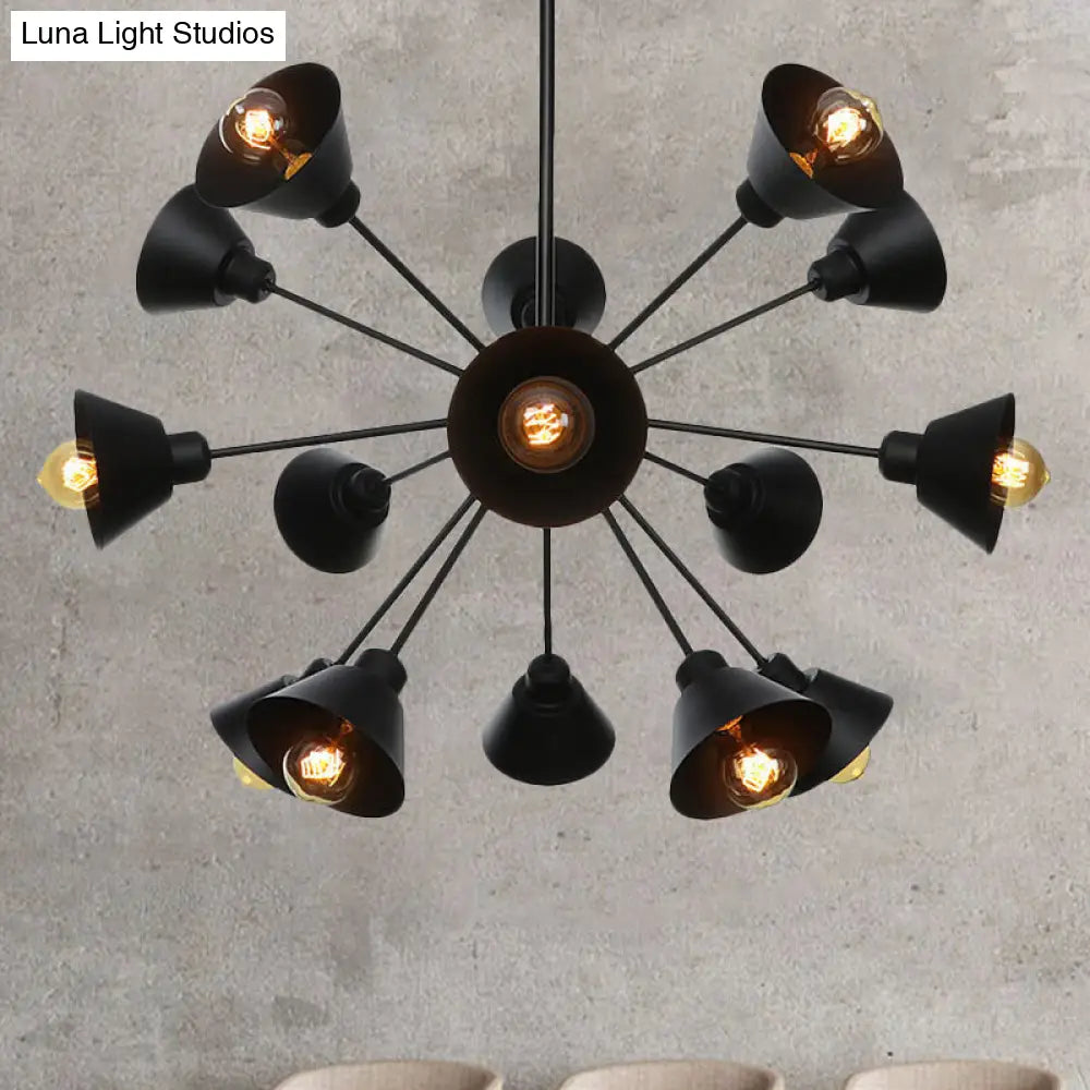 Industrial Stylish Metal Hanging Lamp with Sputnik Design - Cone Shade, 9/12/15 Lights - Black Chandelier Pendant Light