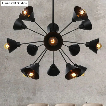Industrial Stylish Metal Hanging Lamp with Sputnik Design - Cone Shade, 9/12/15 Lights - Black Chandelier Pendant Light