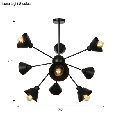 Industrial Stylish Metal Hanging Lamp with Sputnik Design - Cone Shade, 9/12/15 Lights - Black Chandelier Pendant Light