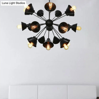 Industrial Stylish Metal Hanging Lamp with Sputnik Design - Cone Shade, 9/12/15 Lights - Black Chandelier Pendant Light