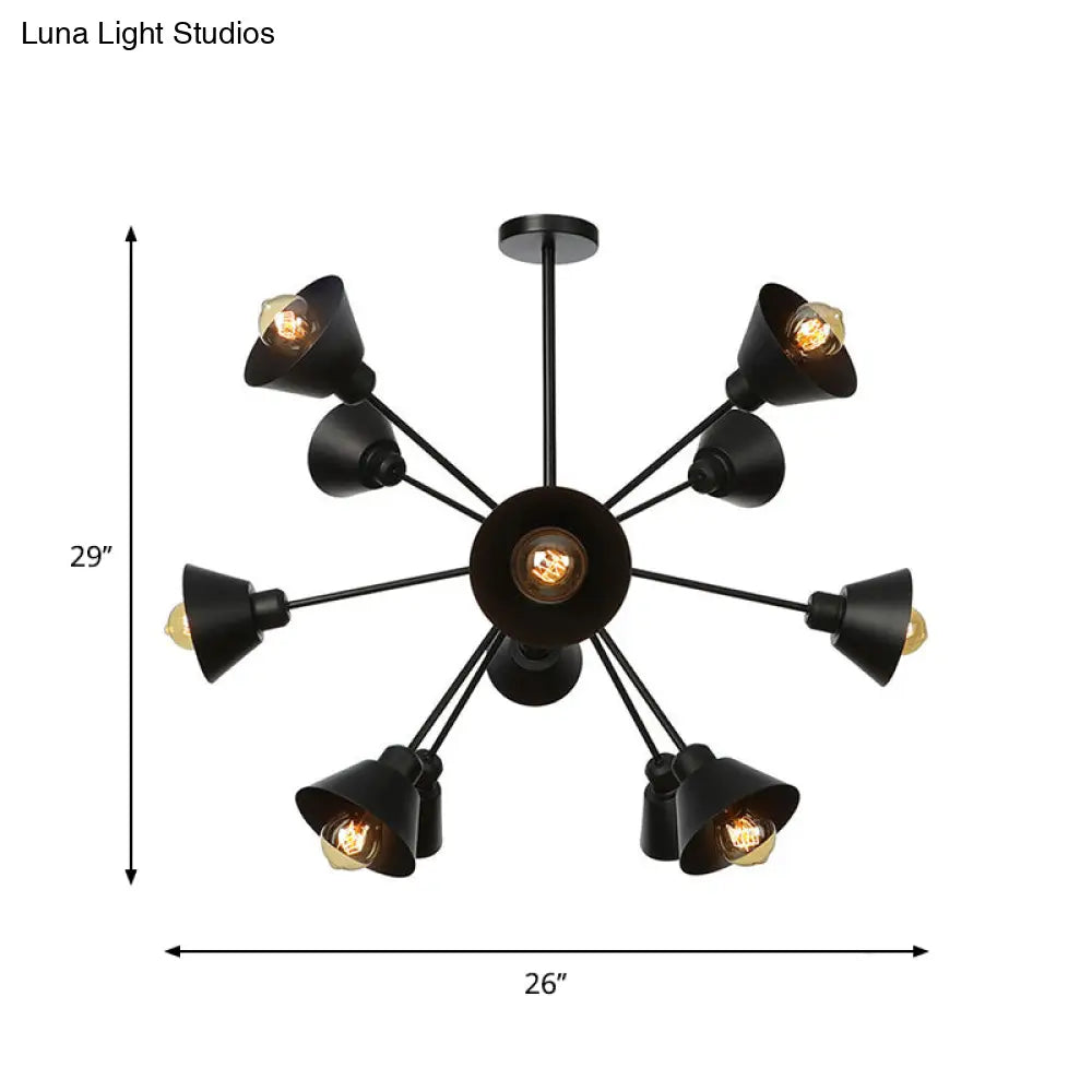 Industrial Stylish Metal Hanging Lamp with Sputnik Design - Cone Shade, 9/12/15 Lights - Black Chandelier Pendant Light
