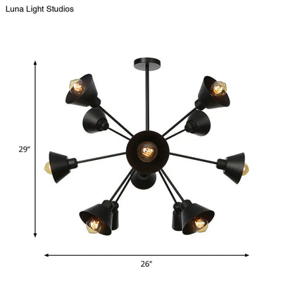 Industrial Stylish Metal Hanging Lamp with Sputnik Design - Cone Shade, 9/12/15 Lights - Black Chandelier Pendant Light