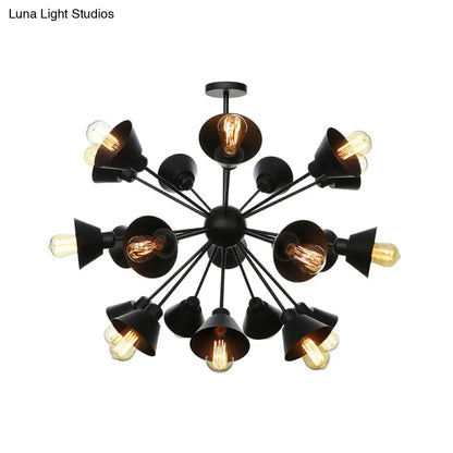 Industrial Stylish Metal Hanging Lamp with Sputnik Design - Cone Shade, 9/12/15 Lights - Black Chandelier Pendant Light