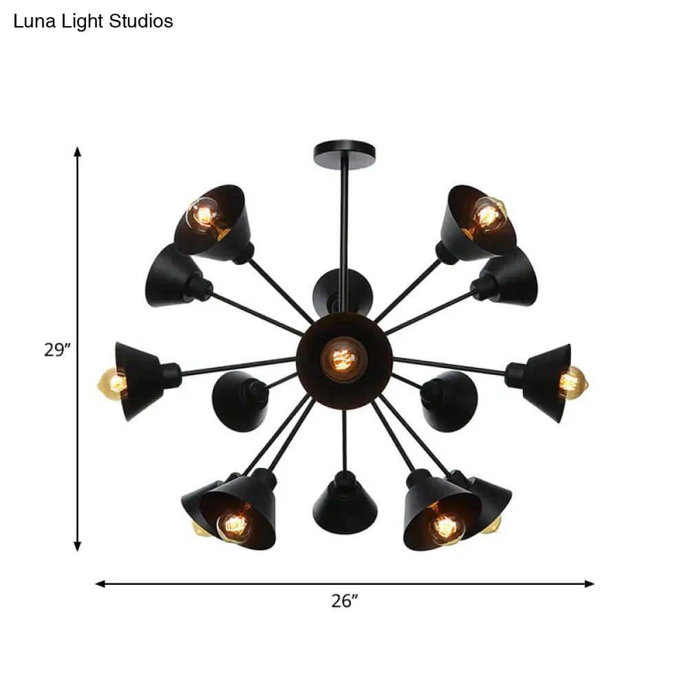 Industrial Stylish Metal Hanging Lamp with Sputnik Design - Cone Shade, 9/12/15 Lights - Black Chandelier Pendant Light