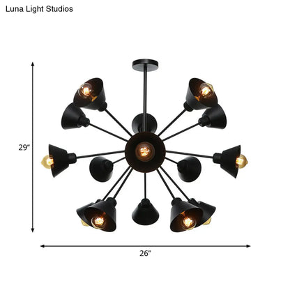 Industrial Stylish Metal Hanging Lamp with Sputnik Design - Cone Shade, 9/12/15 Lights - Black Chandelier Pendant Light