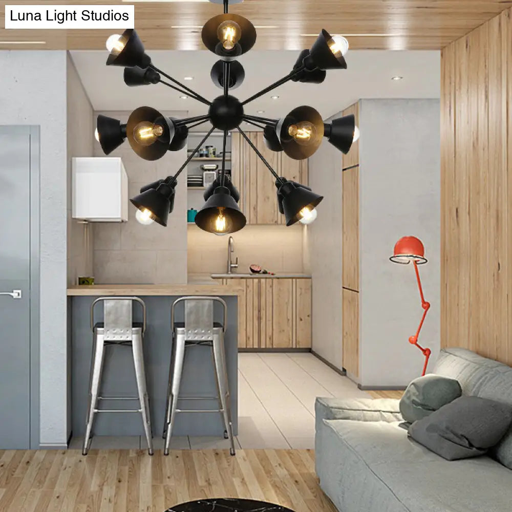 Industrial Stylish Metal Hanging Lamp with Sputnik Design - Cone Shade, 9/12/15 Lights - Black Chandelier Pendant Light