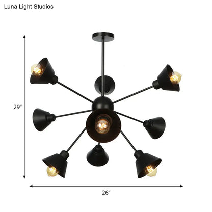 Industrial Stylish Metal Hanging Lamp with Sputnik Design - Cone Shade, 9/12/15 Lights - Black Chandelier Pendant Light