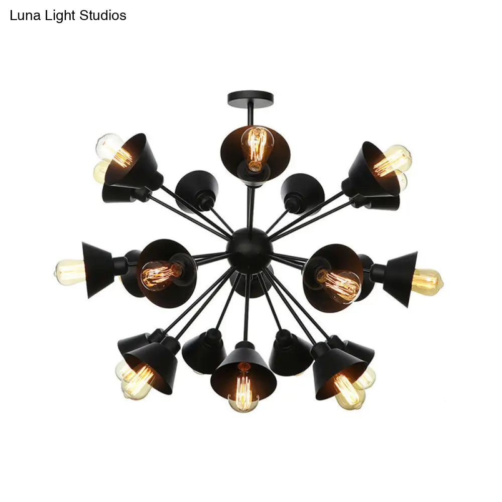 Industrial Stylish Metal Hanging Lamp with Sputnik Design - Cone Shade, 9/12/15 Lights - Black Chandelier Pendant Light