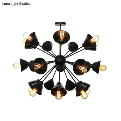 Industrial Stylish Metal Hanging Lamp with Sputnik Design - Cone Shade, 9/12/15 Lights - Black Chandelier Pendant Light