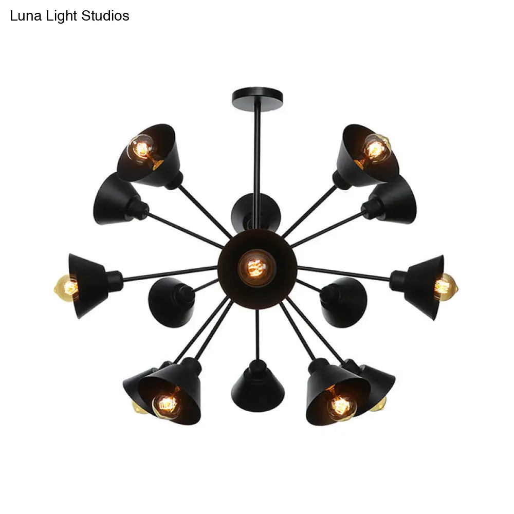 Industrial Stylish Metal Hanging Lamp with Sputnik Design - Cone Shade, 9/12/15 Lights - Black Chandelier Pendant Light