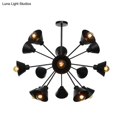 Industrial Stylish Metal Hanging Lamp with Sputnik Design - Cone Shade, 9/12/15 Lights - Black Chandelier Pendant Light