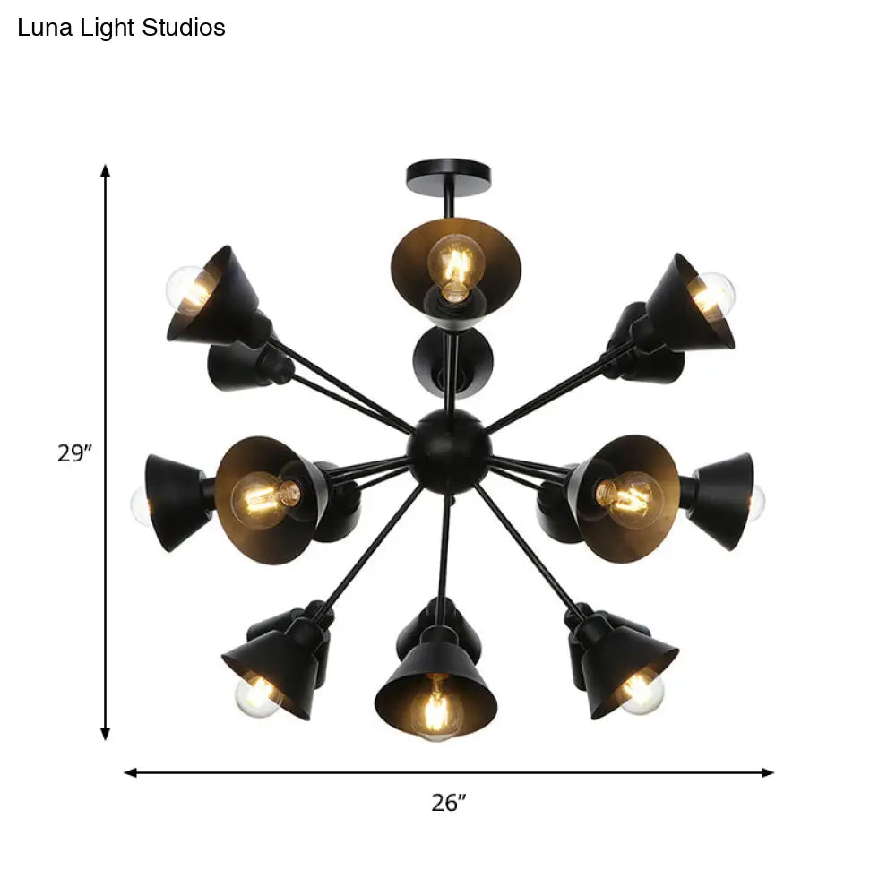 Industrial Stylish Metal Hanging Lamp with Sputnik Design - Cone Shade, 9/12/15 Lights - Black Chandelier Pendant Light