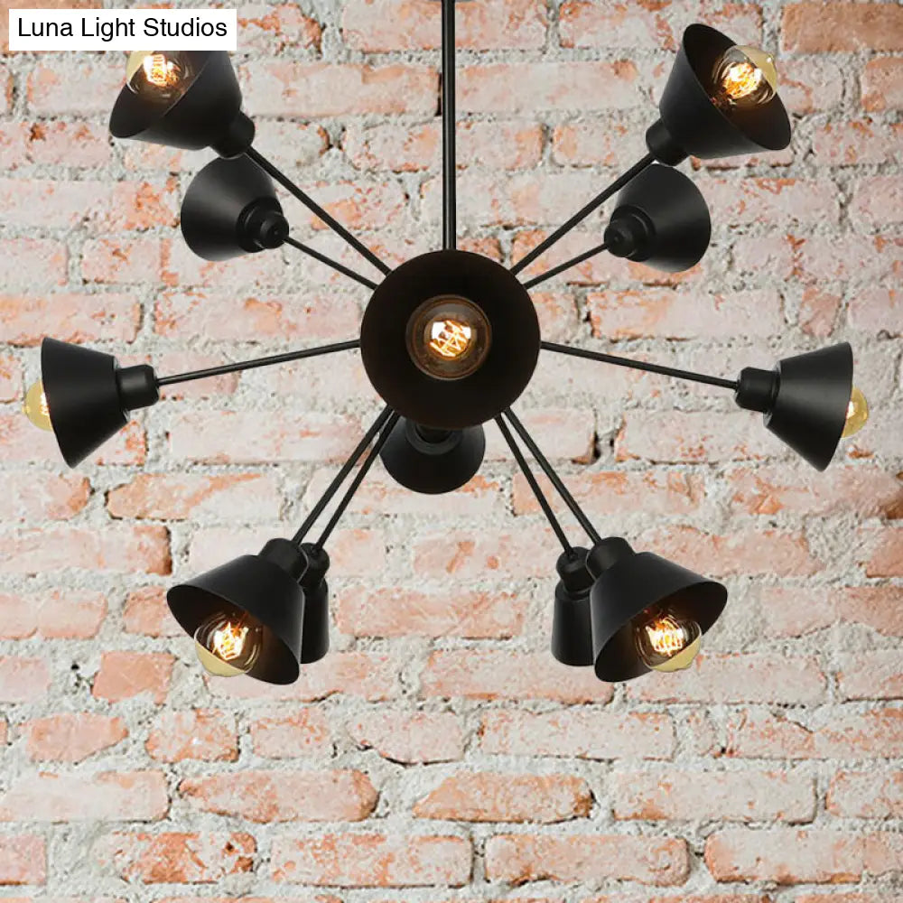 Industrial Stylish Metal Hanging Lamp with Sputnik Design - Cone Shade, 9/12/15 Lights - Black Chandelier Pendant Light