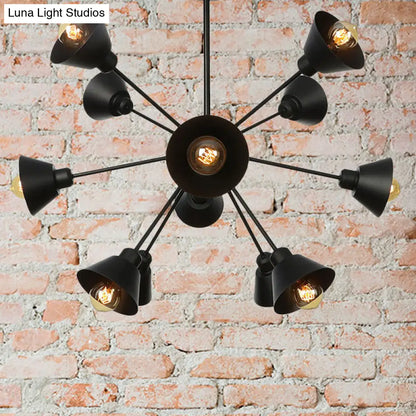 Industrial Stylish Metal Hanging Lamp with Sputnik Design - Cone Shade, 9/12/15 Lights - Black Chandelier Pendant Light