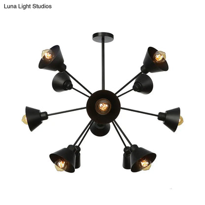 Industrial Stylish Metal Hanging Lamp with Sputnik Design - Cone Shade, 9/12/15 Lights - Black Chandelier Pendant Light