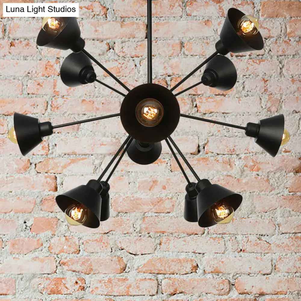 Industrial Stylish Metal Hanging Lamp with Sputnik Design - Cone Shade, 9/12/15 Lights - Black Chandelier Pendant Light