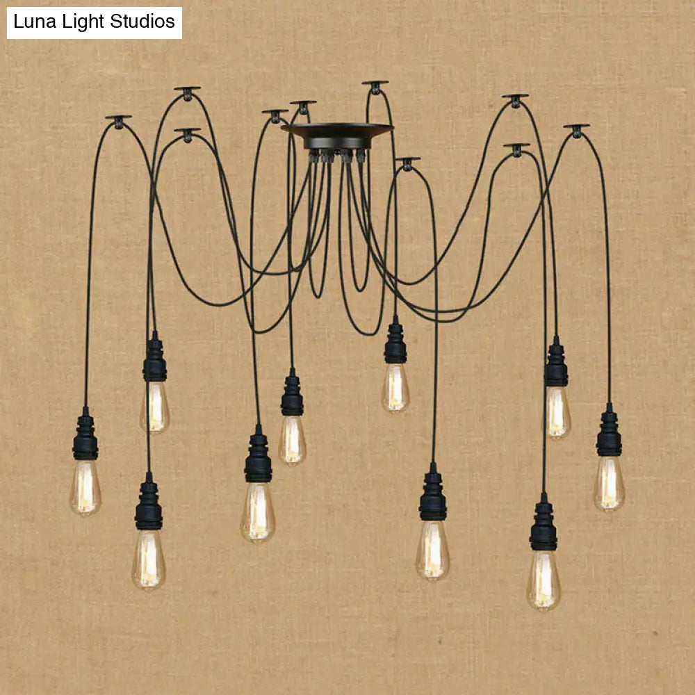 Industrial Swag Hanging Lamp with Exposed Bulb - Black Metal Pendant Light (2/3 Heads)