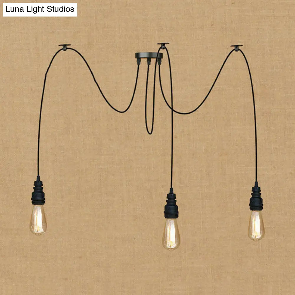 Industrial Swag Hanging Lamp with Exposed Bulb - Black Metal Pendant Light (2/3 Heads)