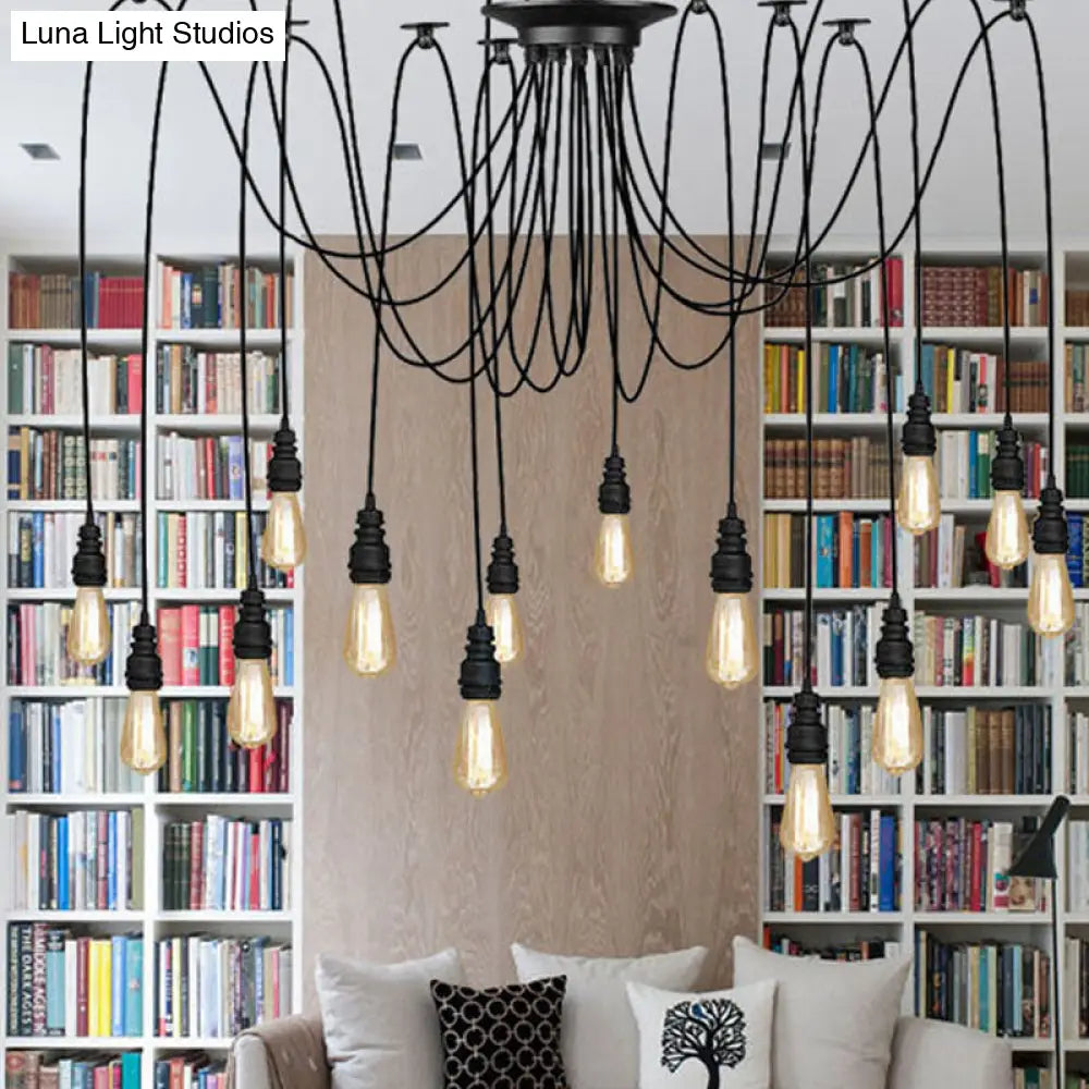 Industrial Swag Hanging Lamp with Exposed Bulb - Black Metal Pendant Light (2/3 Heads)