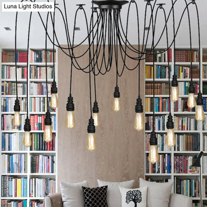 Industrial Swag Hanging Lamp with Exposed Bulb - Black Metal Pendant Light (2/3 Heads)