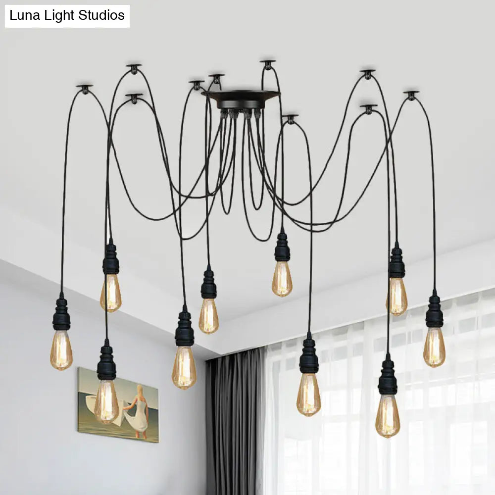 Industrial Swag Hanging Lamp with Exposed Bulb - Black Metal Pendant Light (2/3 Heads)