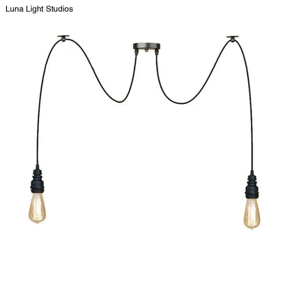 Industrial Swag Hanging Lamp with Exposed Bulb - Black Metal Pendant Light (2/3 Heads)