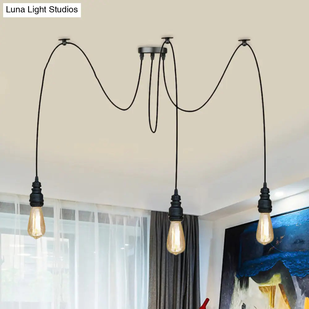 Industrial Swag Hanging Lamp with Exposed Bulb - Black Metal Pendant Light (2/3 Heads)