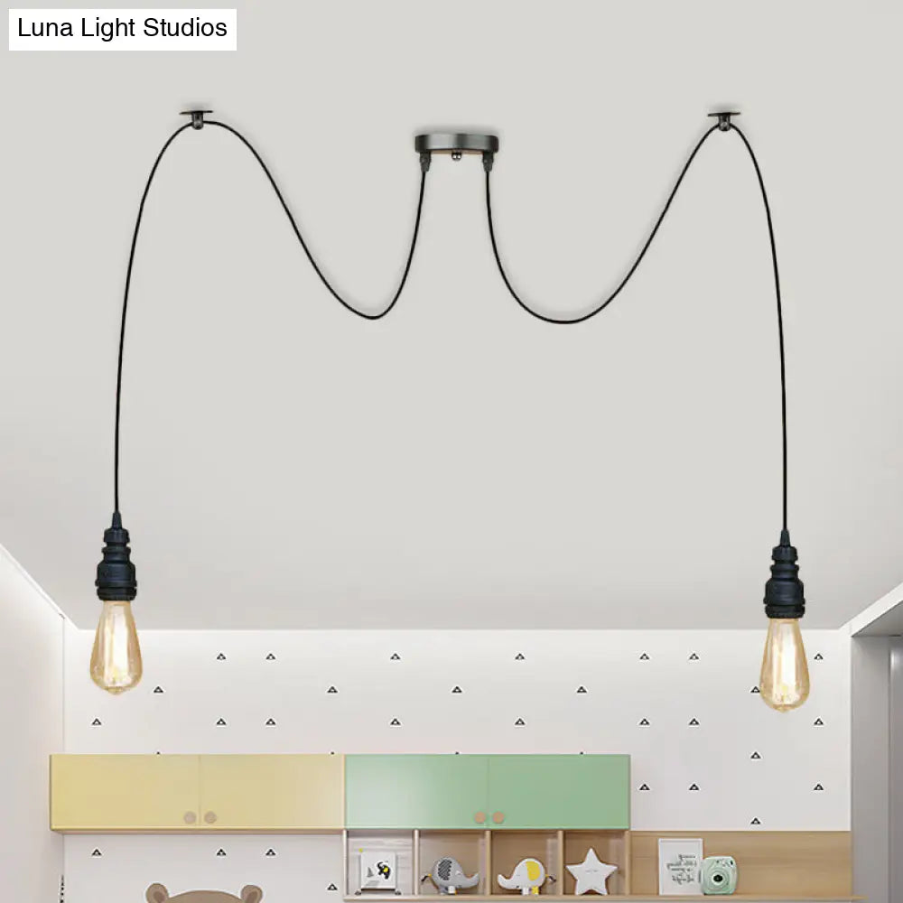 Industrial Swag Hanging Lamp with Exposed Bulb - Black Metal Pendant Light (2/3 Heads)